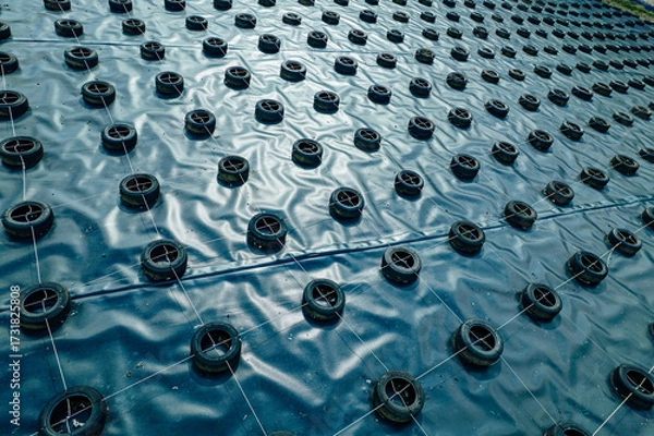 Fototapeta A geomembrane landfill cover secured with tires and ropes in a structured grid pattern, designed to contain waste, prevent contamination, and protect the environment