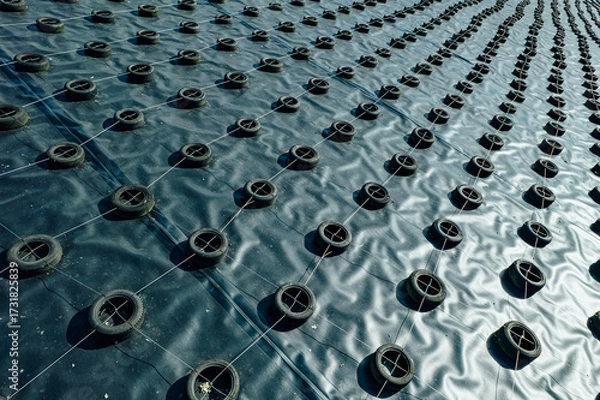 Fototapeta A geomembrane landfill cover secured with tires and ropes in a structured grid pattern, designed to contain waste, prevent contamination, and protect the environment