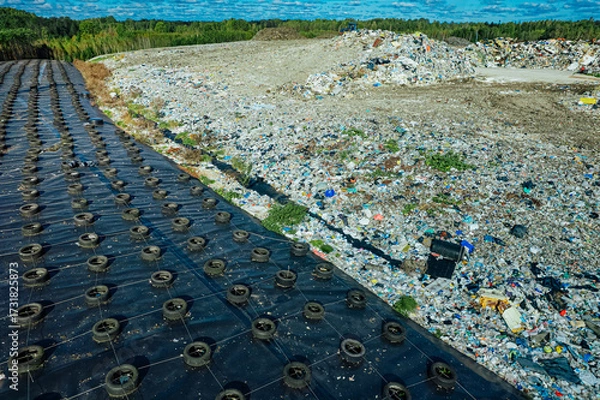 Fototapeta A landfill site with exposed waste piles beside a sealed geomembrane cover secured by tires, highlighting waste management, environmental challenges, and pollution control efforts