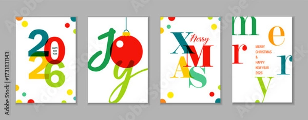 Fototapeta Happy New Year 2026 and Merry Christmas colorful typography posters set. Modern design for Happy New Year and Christmas greeting cards or calendar covers. Vector illustration
