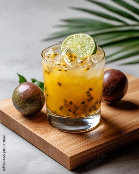 Obraz Passion Fruit Paradise: A vibrant cocktail, featuring the exotic allure of passion fruit and refreshing lime, rests invitingly on a wooden serving board.