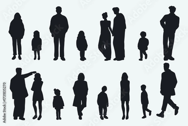 Fototapeta flat people silhouette male and female vector illustration in winter clothing concept isolated shadow set collection. For architecture rendering, design, info graphic, media