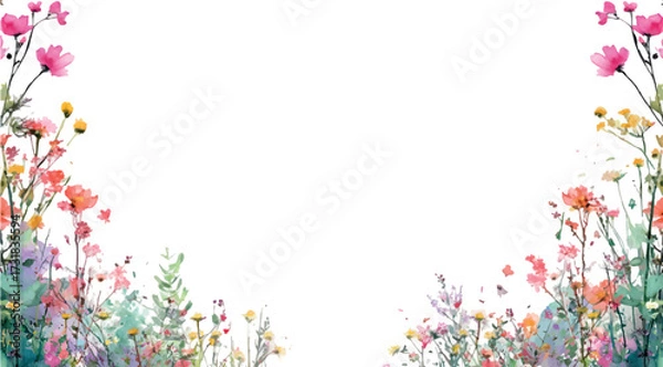 Fototapeta Watercolor pink wildflowers on isolated background. Field and meadow pink flowers with green grass on isolated background. Romantic summer wildflowers.