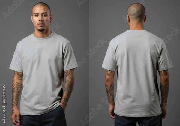 Fototapeta Tattooed Skinhead Male Model in Ash Tee Mockup Front and Back View