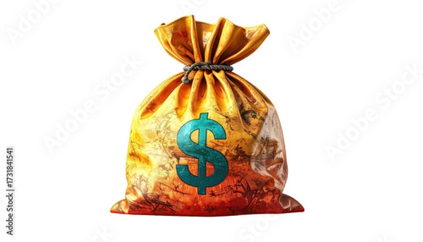 Fototapeta A gold coin bag with a teal dollar sign, knotted top, and dark background