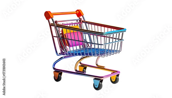 Obraz A colorful, metallic rendered shopping cart, filled with shopping bags on a black backdrop