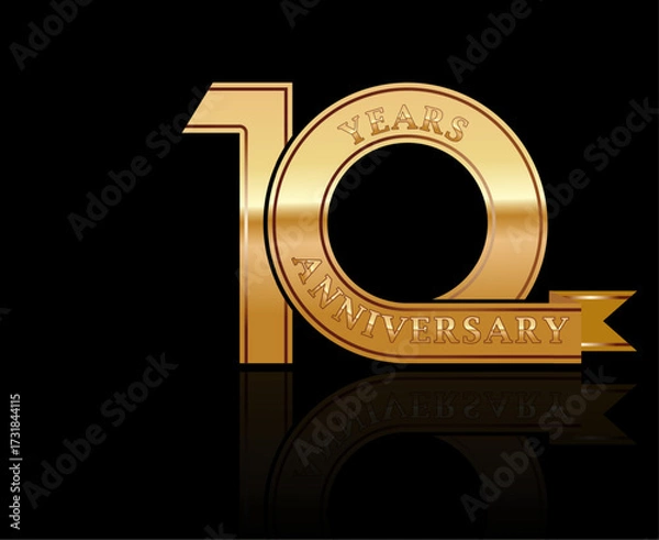 Fototapeta Anniversary date 10 years. Golden stylized congratulation in the rays of fireworks and reflections. Idea for a banner, badge or label. Sticker for a festive gift