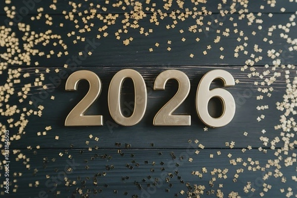 Fototapeta Celebrate 2026 with golden confetti on rustic wood, perfect for New Year greetings, business milestones and anniversary invitations