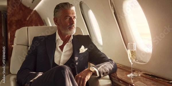 Obraz Rich handsome billionaire sitting in his private jet enjoys the view by looking through the airplane window. Elegant businessman. A powerful image of wealth, success, and luxury travel. Generative Ai.