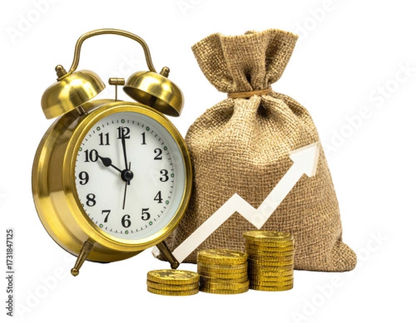 Fototapeta Vintage alarm clock, money bag, and upward trend graph, symbolizing financial growth