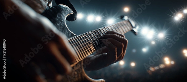 Obraz Intense extreme close-up of a rock guitarist’s hands playing electric guitar on a dark stage. Sharp details, cinematic lighting, and emotional energy. Perfect for music magazines use. Generative Ai.