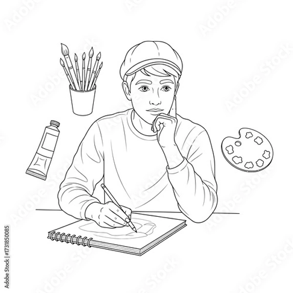 Fototapeta Thoughtful Artist Sketching in Notebook Creative Flow Self Expression Minimalist Line Art