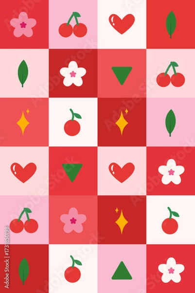 Fototapeta Cherry Grid Geometric Seamless Background. Simple Flat Style Assorted Shapes and Cherries Seamless Pattern Background