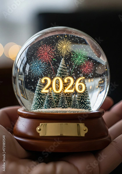 Fototapeta 2026 Snow Globe Fireworks, Trees, and New Year Concept  Festive Celebration Image.