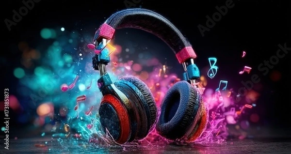 Fototapeta Colorful Abstract Headphones Immersed in Music Notes and Splash Background. Ai Generated Images