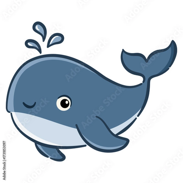 Fototapeta Vector illustration in a childlike style on a white background. A cute whale with big eyes smiles and blows a fountain of water on a white background. . Vector illustration
