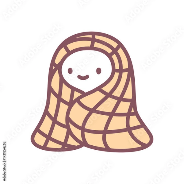 Fototapeta Cute ghost with blanket icon. Funny little spirit wrapped in a yellow plaid blanket, warm halloween style. Doodle illustration isolated on white background. Kawaii sticker. Vector 10 EPS.