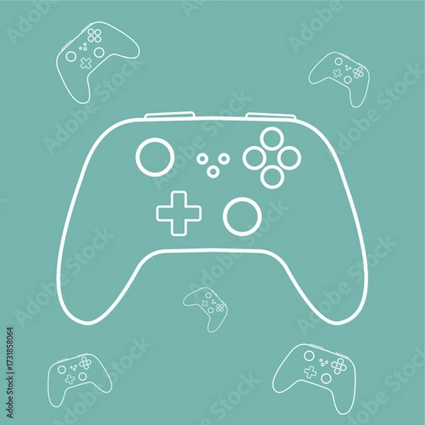Fototapeta Game controller stick with buttons and console in line art, suitable for gaming, e-sports, or digital hobby designs for infographics or web.

