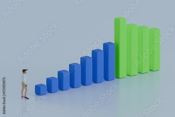 Fototapeta Man observing rising blue bars and tall green columns