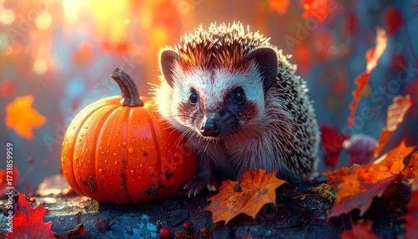 Fototapeta Autumn background with a hedgehog and a pumpkin

