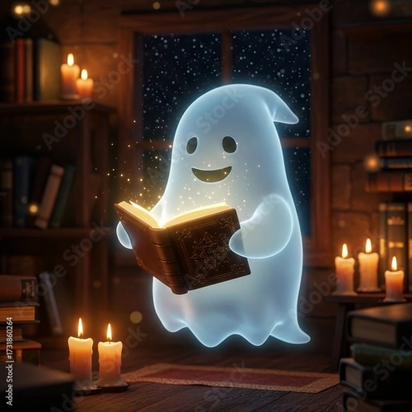 Fototapeta Friendly ghost reading a spellbook with glowing pages, surrounded by candles and stars