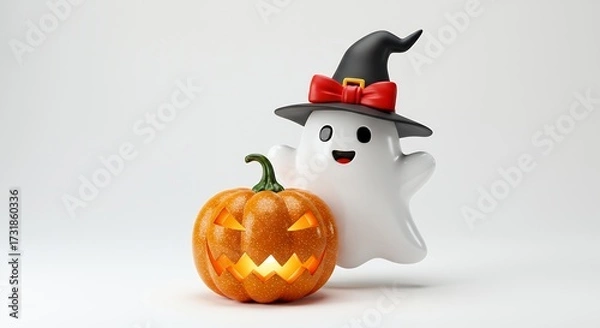 Fototapeta Ghost wearing a witch hat with a ribbon bow, smiling next to a glittery pumpkin