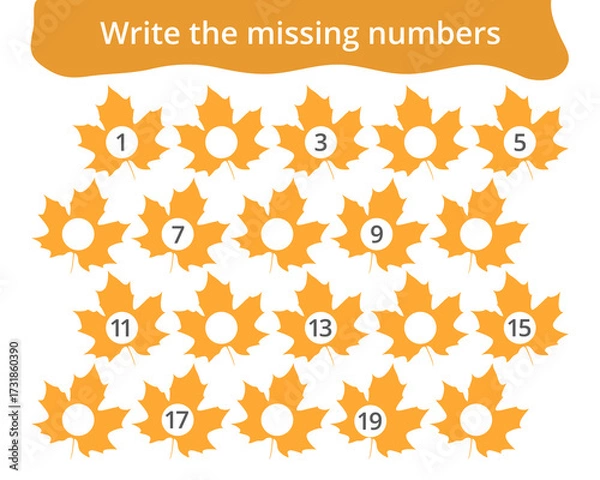 Fototapeta Missing number worksheet for kids with maple leaves, count and write numbers from 1 to 20, great for preschool math learning and early number practice.