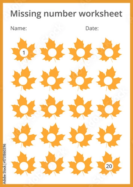 Fototapeta Missing number worksheet with maple leaves for kids, count and fill in numbers from 1 to 20, great for preschool math, number sequence training and fun educational activities. Vector, A4 format.