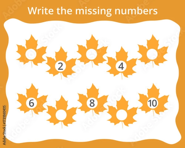 Fototapeta Write the missing numbers in maple leaves. Children's educational game. Score 1-10.