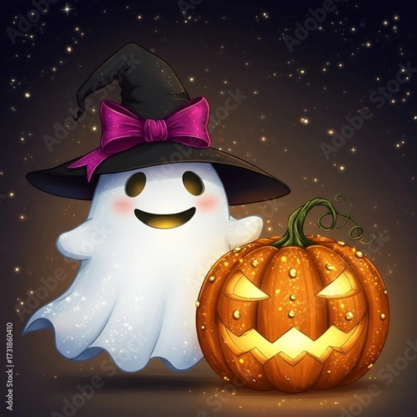 Fototapeta Ghost wearing a witch hat with a ribbon bow, smiling next to a glittery pumpkin