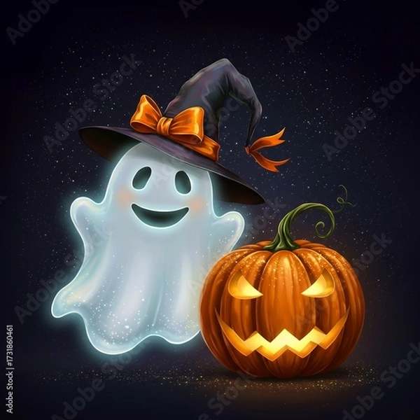 Fototapeta Ghost wearing a witch hat with a ribbon bow, smiling next to a glittery pumpkin