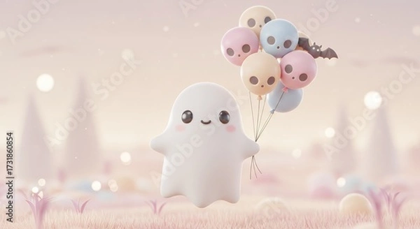 Fototapeta Soft, kawaii-style ghost holding balloons shaped like skulls and bats in pastel colors