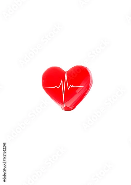 Fototapeta Red Heart with Heartbeat Signal on White Background