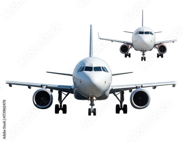 Fototapeta Two white passenger jets, front view, isolated on black