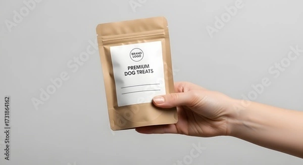 Obraz Hand holding a packet of premium dog treats against a neutral background, showcasing product design