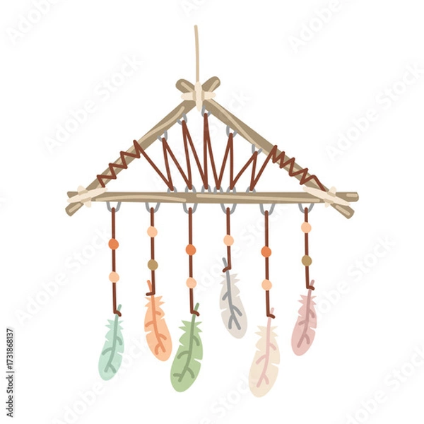 Fototapeta Triangular Native American dream catcher in colored flat style. Wooden sticks with rope weaves, beads, colored feathers. Protection from spirits. isolated object. Nomadic lifestyle. American Indians