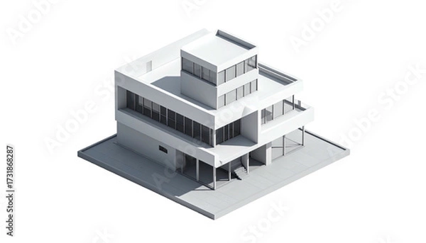 Obraz Isometric view of a modern, white, multi-level building with large windows