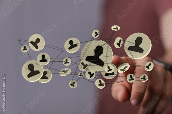 Fototapeta An innovative way to connect people through technology. The concept of social network and digital data with networking and group and human conne