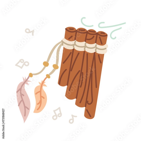 Fototapeta Native American wind musical instrument in a colored flat style. Wooden Samponyo flute decorated with colored feathers. Protection from spirits, ritual. isolated. Nomadic lifestyle. American Indians