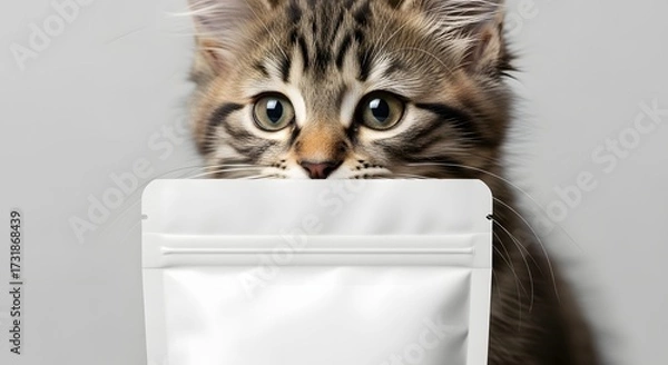 Fototapeta Adorable tabby kitten playfully holding a blank packaging pouch in a minimalist indoor setting