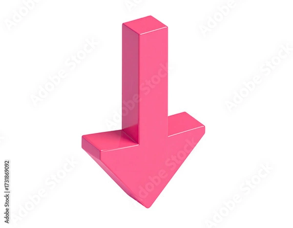 Fototapeta A glossy, pink, 3D rendered arrow points downwards against a black background
