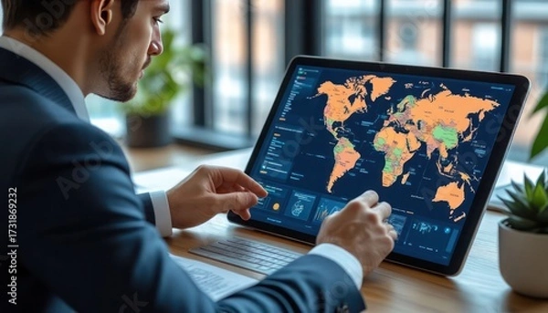 Fototapeta A man is sitting at a desk with a computer monitor displaying a map of the world