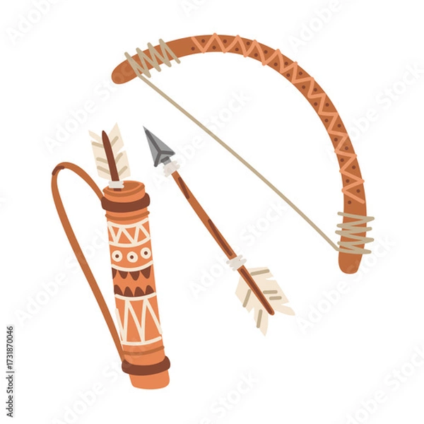 Fototapeta Arrow, bow, Sagaidak Native American case in colored flat style. Hunting weapons for wild animals, wooden arrows with a leather case. Hunting. An isolated object. Nomadic lifestyle. American Indians