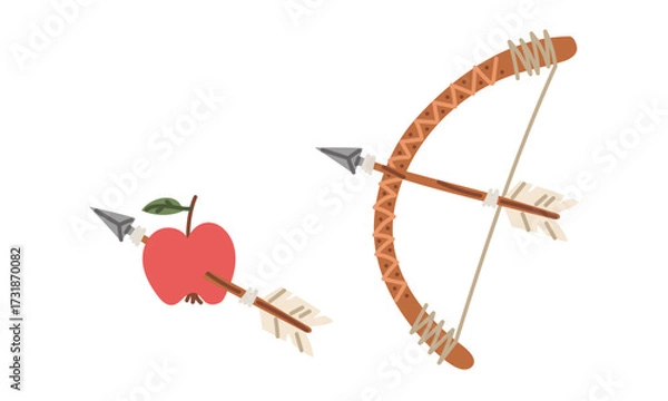 Fototapeta Arrow, bow, red apple in a colorful flat style, Indian history. Hunting weapon, shooting at an apple. Wooden arrows with sharp tip in an apple. An isolated object. nomadic lifestyle. American Indians