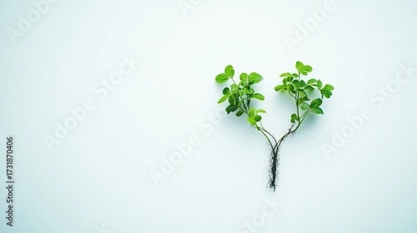 Fototapeta Small Green Plant on Light Background. It shows a tiny green plant with leaves. Great for eco - friendly brand visuals, nature - themed designs, or sustainability - related content.