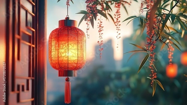 Fototapeta Traditional Chinese Lantern in Garden. It shows a glowing red Chinese lantern amid greenery. Great for Chinese New Year, cultural event promotions, or Asian - themed decor and design projects.
