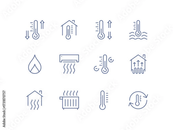 Fototapeta Heating and cooling icon set, temperature control, thermostat, air ventilation, radiator, sun heat, cold snowflake, house climate system, water drop humidity, airflow regulation linear vector.