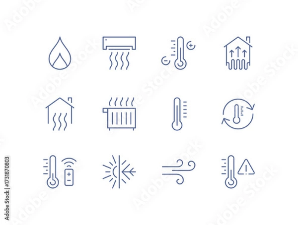 Fototapeta Heating and cooling icon set, temperature control, thermostat, air ventilation, radiator, sun heat, cold snowflake, house climate system, water drop humidity, airflow regulation linear vector.