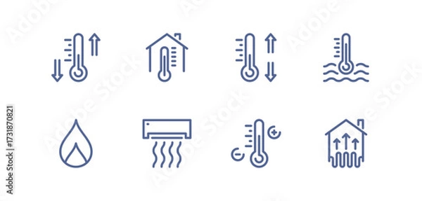 Fototapeta Heating and cooling icon set, temperature control, thermostat, air ventilation, radiator, sun heat, cold snowflake, house climate system, water drop humidity, airflow regulation linear vector.