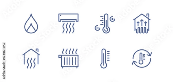 Fototapeta Heating and cooling icon set, temperature control, thermostat, air ventilation, radiator, sun heat, cold snowflake, house climate system, water drop humidity, airflow regulation linear vector.